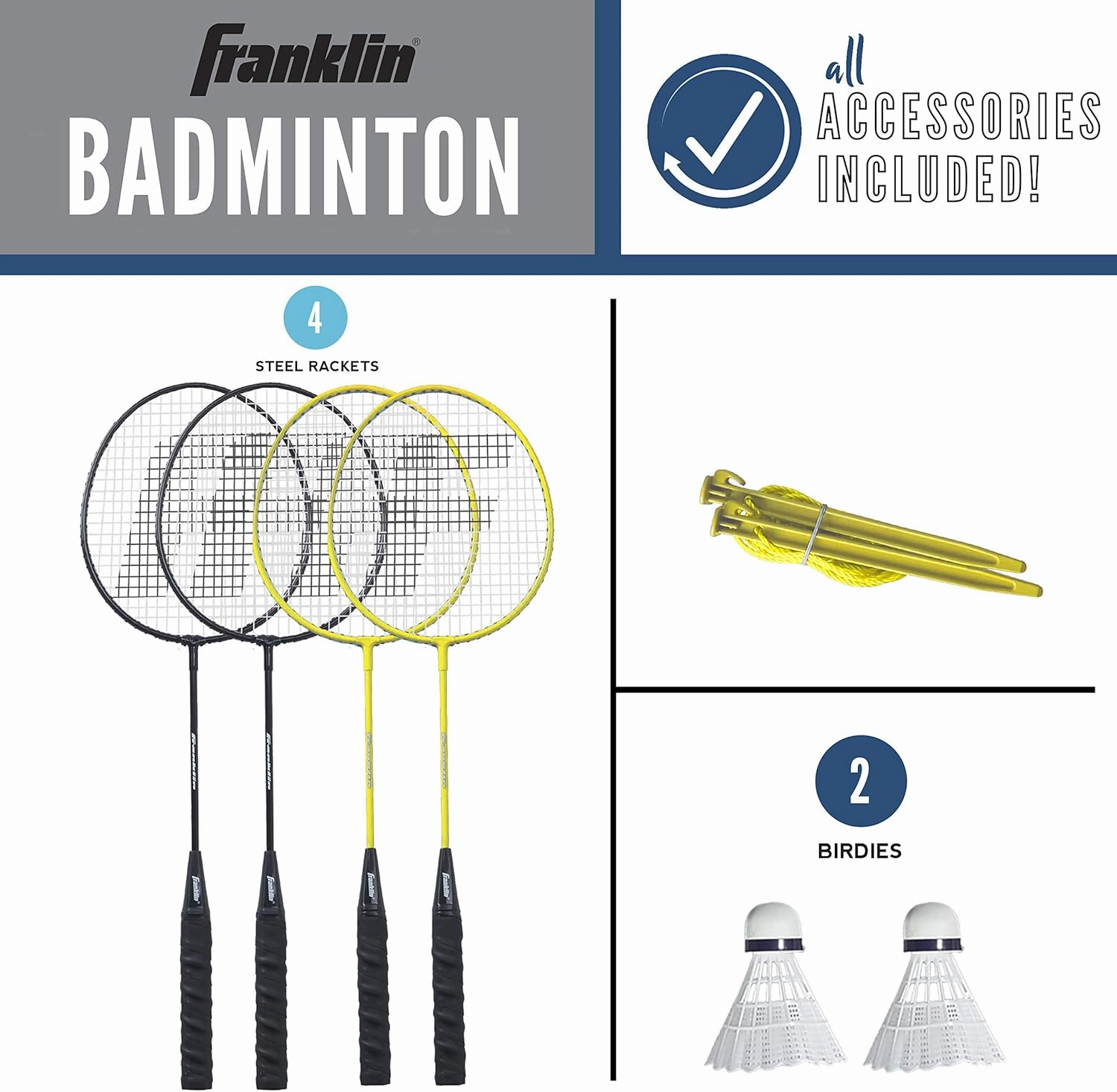 Franklin Sports Badminton Net Sets - Outdoor Backyard   Beach Badminton Net   Equipment Set - (4) Rackets   (2) Birdies   Portable Net Included - Adults   Kids Set