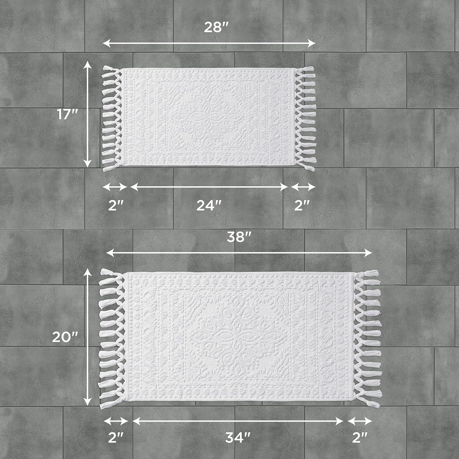 French Connection Nellore Bathroom Rugs, Set of 2 Woven and Beaded Bathroom Mats, Durable Bath Rugs, Thick Bath Mats for Bathroom and Shower Rugs, 17” x 28” and 20” x 38”, White