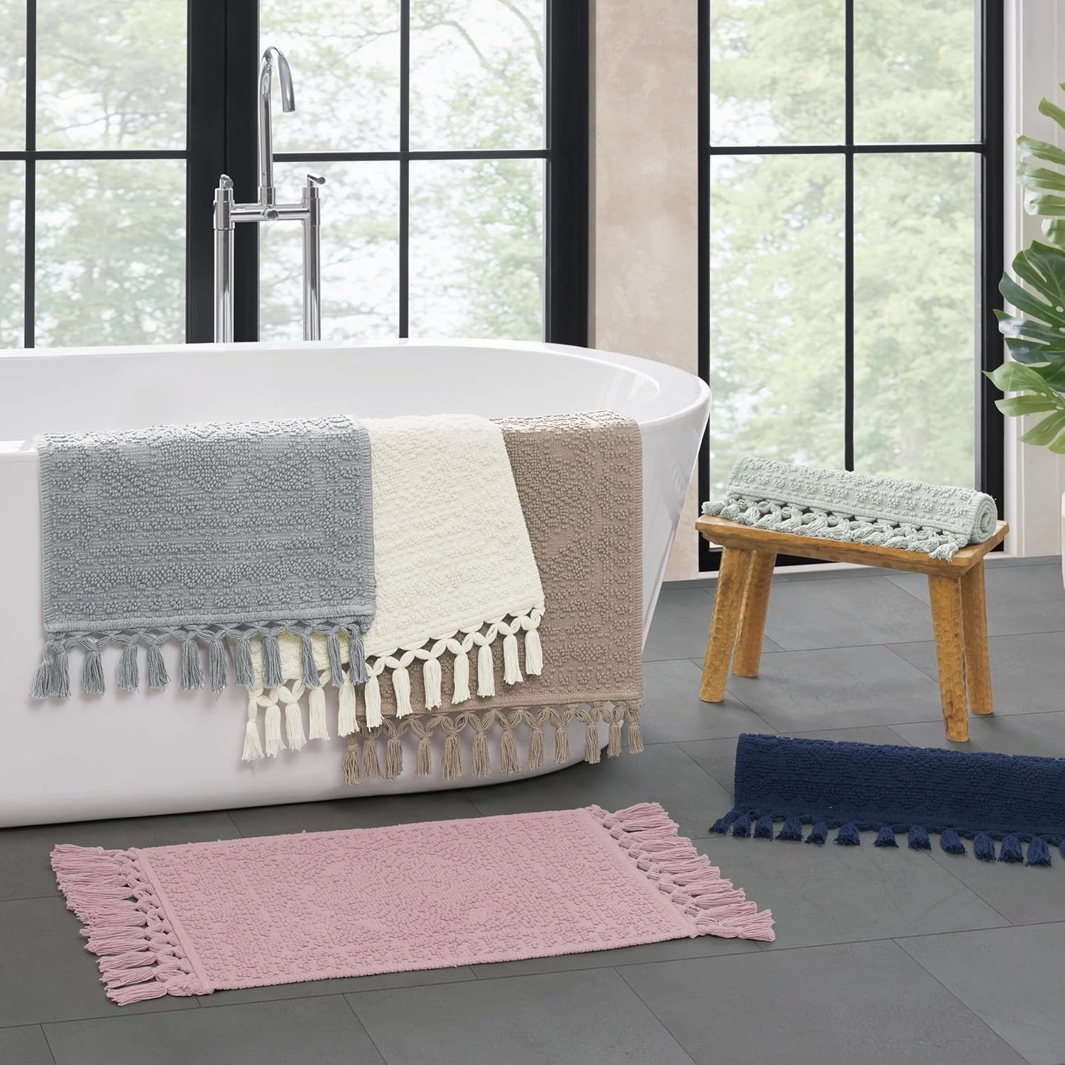 French Connection Nellore Bathroom Rugs, Set of 2 Woven and Beaded Bathroom Mats, Durable Bath Rugs, Thick Bath Mats for Bathroom and Shower Rugs, 17” x 28” and 20” x 38”, White