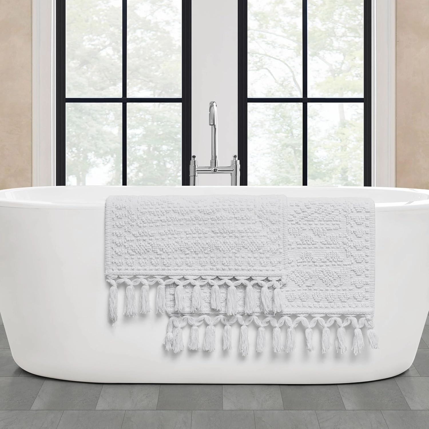 French Connection Nellore Bathroom Rugs, Set of 2 Woven and Beaded Bathroom Mats, Durable Bath Rugs, Thick Bath Mats for Bathroom and Shower Rugs, 17” x 28” and 20” x 38”, White