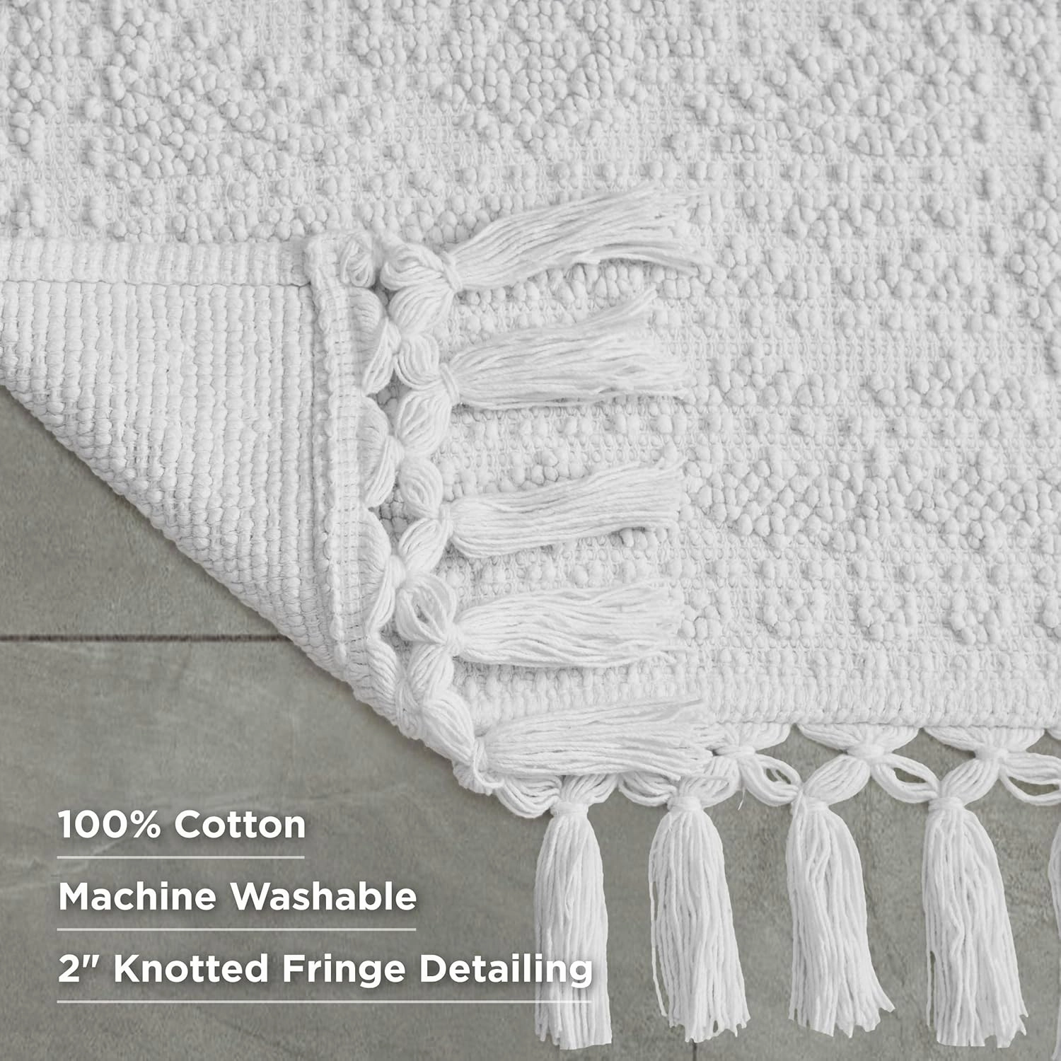 French Connection Nellore Bathroom Rugs, Set of 2 Woven and Beaded Bathroom Mats, Durable Bath Rugs, Thick Bath Mats for Bathroom and Shower Rugs, 17” x 28” and 20” x 38”, White