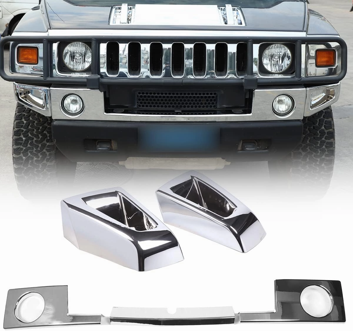 Front Bumper Corner Bezels Cover and Front Bumper Lower Trim Sets Compatible with Hummer H2 2003-2009, 5 Pieces Bumper Protection Trim Cover Kit, 5PCS (Bright Silver)
