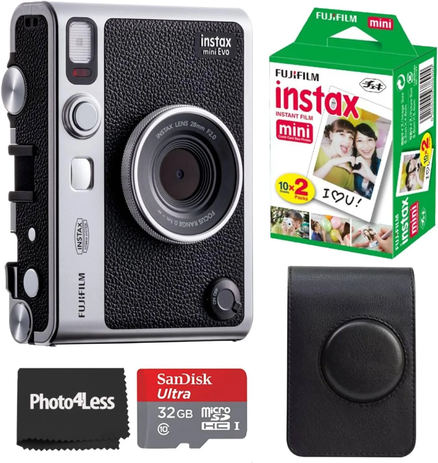 Fujifilm Instax Mini EVO Hybrid Instant Camera Black Bundle with Instax Mini Instant Film 20 Sheets, 32GB microSD Card, Vintage Style Black Camera Case, Bundle