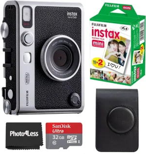 Fujifilm Instax Mini EVO Hybrid Instant Camera Black Bundle with Instax Mini Instant Film 20 Sheets, 32GB microSD Card, Vintage Style Black Camera Case, Bundle