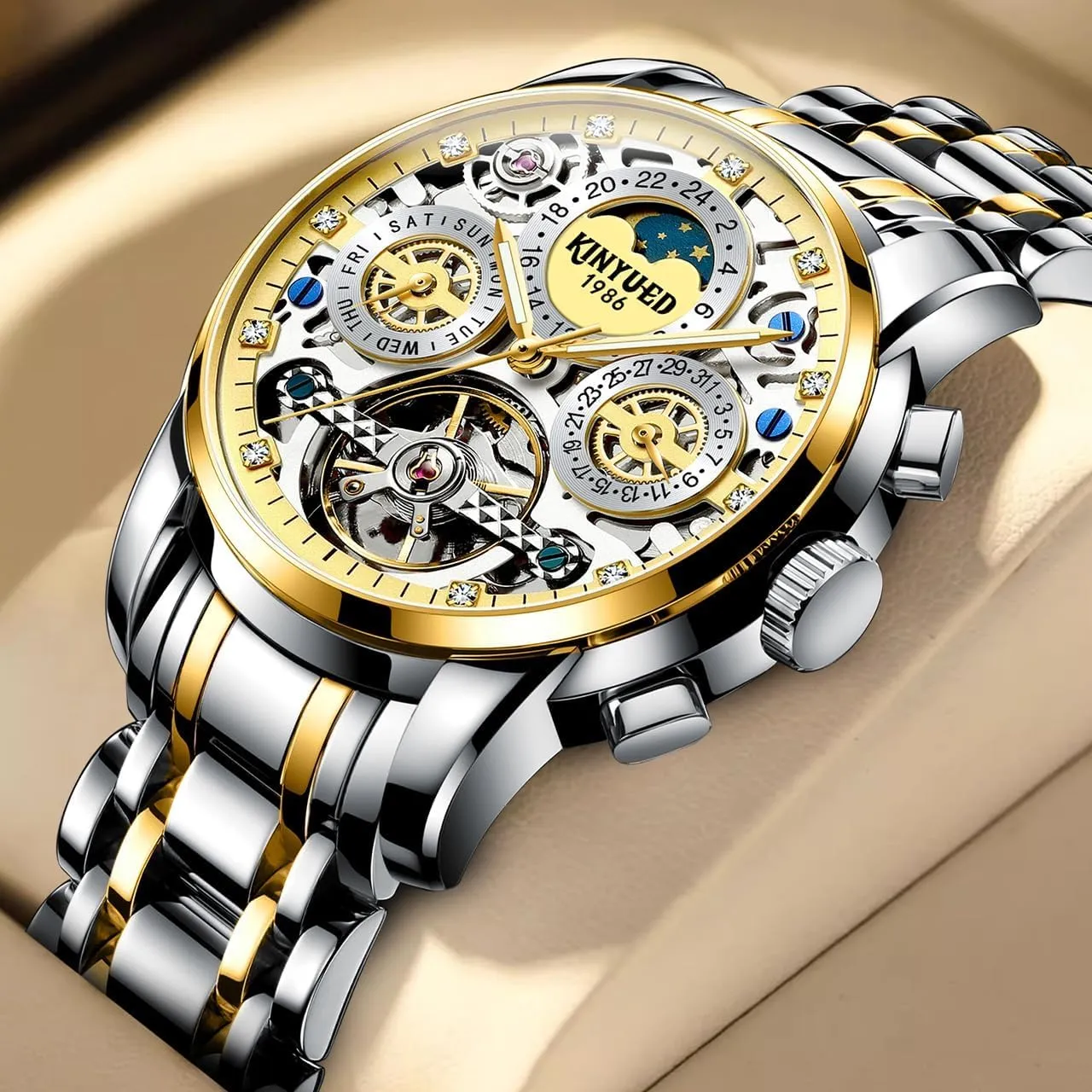 Fully Automatic Moon Phase Window Mechanical Watch Tourbillon Hollow Calendar Dial Men's Waterproof Noctilucent Business Watch Fashionable Men's Watch