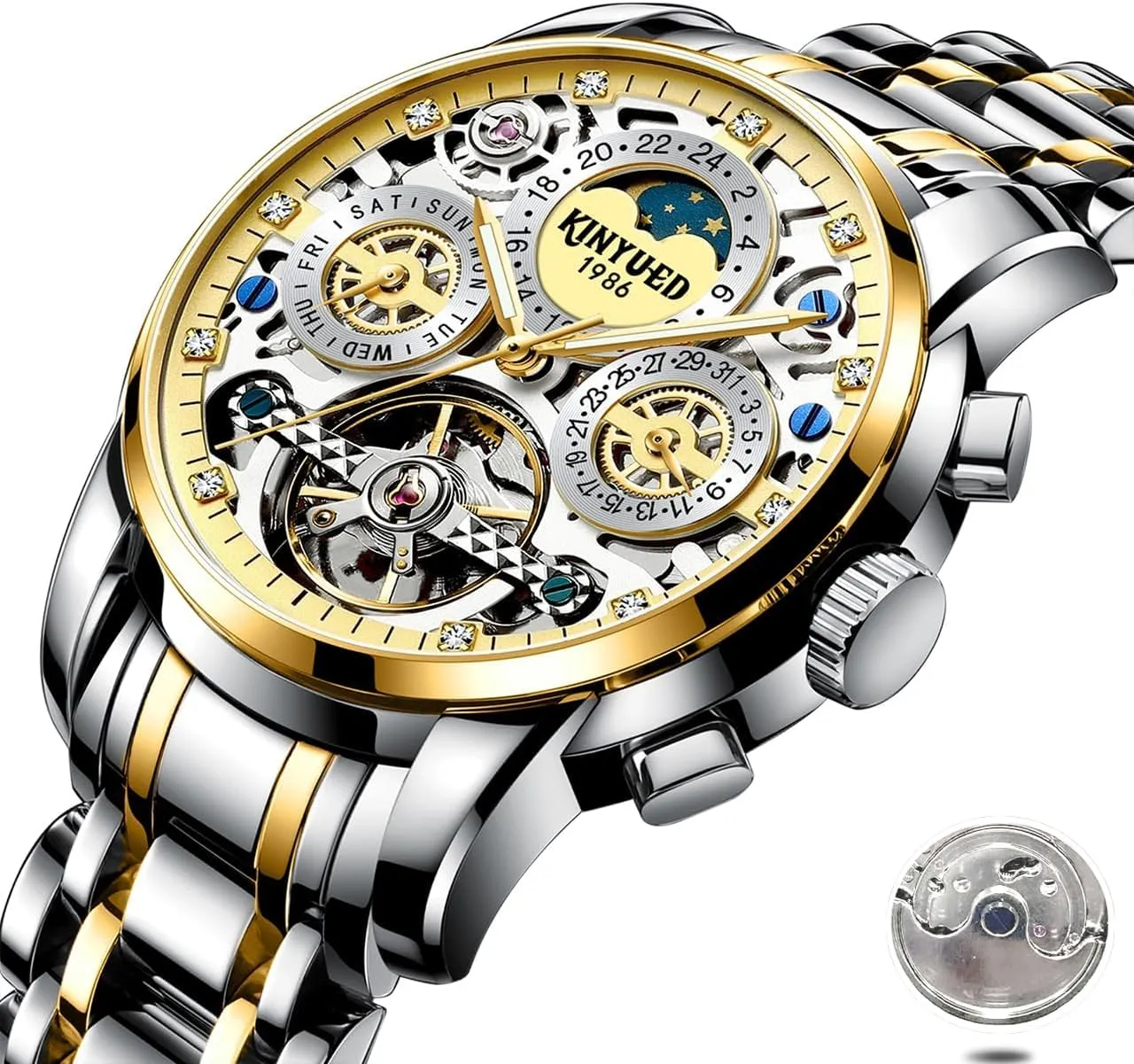 Fully Automatic Moon Phase Window Mechanical Watch Tourbillon Hollow Calendar Dial Men's Waterproof Noctilucent Business Watch Fashionable Men's Watch