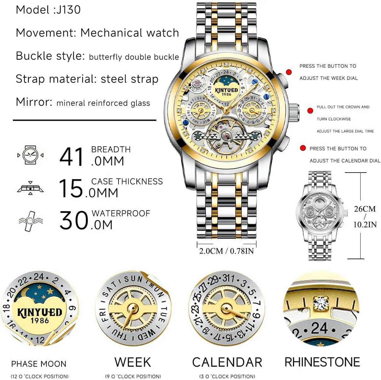 Fully Automatic Moon Phase Window Mechanical Watch Tourbillon Hollow Calendar Dial Men's Waterproof Noctilucent Business Watch Fashionable Men's Watch
