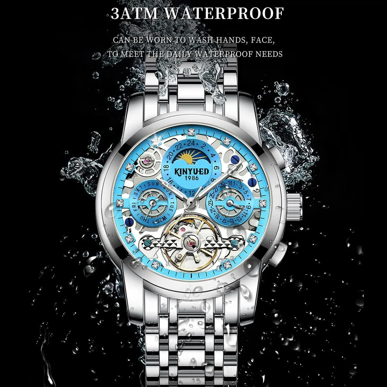 Fully Automatic Moon Phase Window Mechanical Watch Tourbillon Hollow Calendar Dial Men's Waterproof Noctilucent Business Watch Fashionable Men's Watch