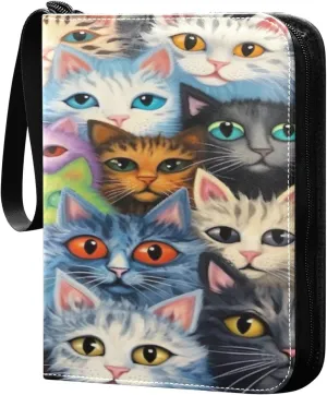 Funny Colorful Cats Card Binder 4-Pocket, 400 Pockets PU Waterproof Zippered Collector Card Album with 50 Removable Sleeves for Trading, Game Cards