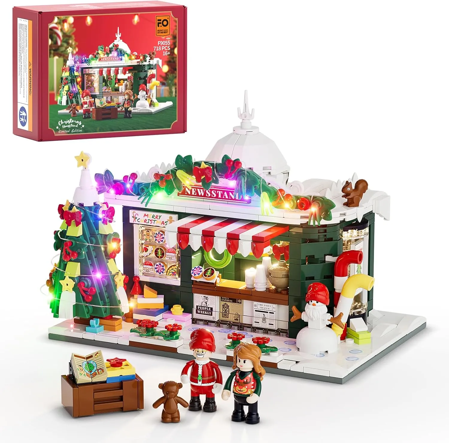 FUNWHOLE Christmas-Newsstand Lighting Building-Bricks Set - City Town Christmas House LED Light Winter Decoration Modular Building Sets 718 Pcs Ideal Holiday Collectible for Adults and Family