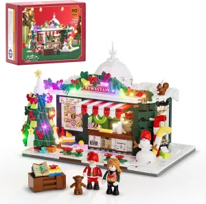 FUNWHOLE Christmas-Newsstand Lighting Building-Bricks Set - City Town Christmas House LED Light Winter Decoration Modular Building Sets 718 Pcs Ideal Holiday Collectible for Adults and Family