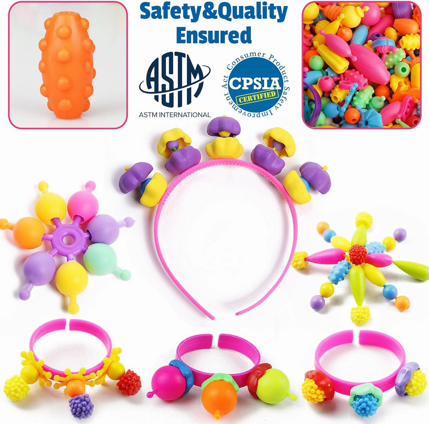 FUNZBO 520  Snap Pop Beads - Beads for Jewelry Making Kit, Arts and Crafts for Kids Ages 4-8, Toys for Girls Age 3 4 5 6 7 Years Old Birthday Gifts, Bracelet Necklace Ring Snap Set for Little Girls