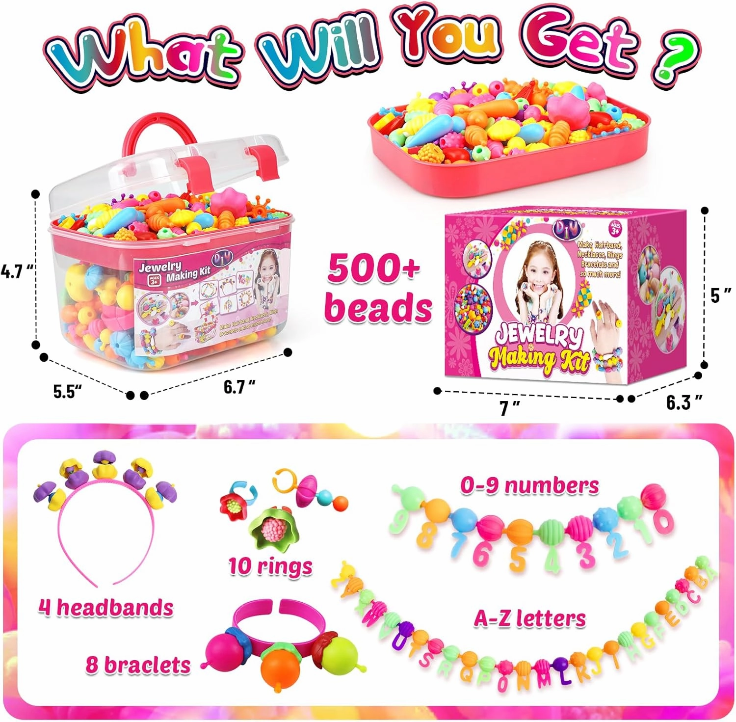 FUNZBO 520  Snap Pop Beads - Beads for Jewelry Making Kit, Arts and Crafts for Kids Ages 4-8, Toys for Girls Age 3 4 5 6 7 Years Old Birthday Gifts, Bracelet Necklace Ring Snap Set for Little Girls