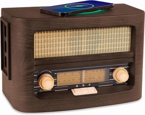 Fuse Vint Vintage Wood Retro Radio | Wireless Charging Pad | AM/FM Radio Speaker with Bluetooth & AUX Input | Mid Century Modern Style | Real Handcrafted Ashtree Wood Exterior