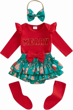 FYBITBO Newborn Baby Girl Christmas Outfits Cute Letter Romper Ruffle Plaid Skirt Dress Infant Christmas Outfit Clothes Set