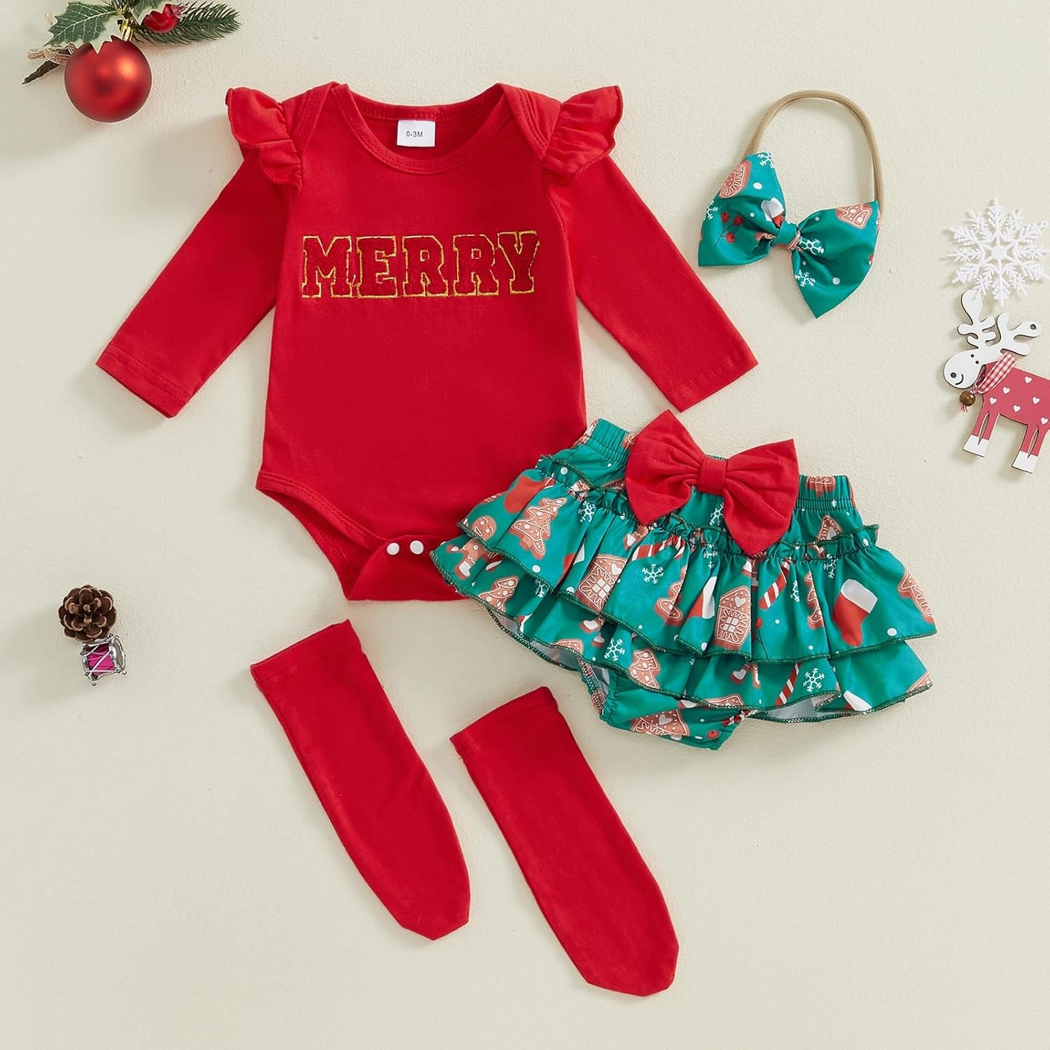 FYBITBO Newborn Baby Girl Christmas Outfits Cute Letter Romper Ruffle Plaid Skirt Dress Infant Christmas Outfit Clothes Set