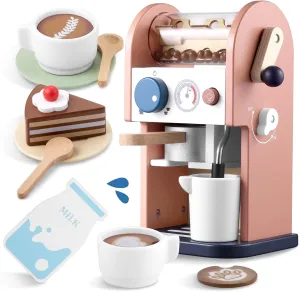 GAGAKU Wooden Coffee Maker Toy 15 pcs Play Kitchen Accessories Toy Coffee Maker for Kids Pretend Playset Toddler Coffee Maker Gifts for Boys and Girls
