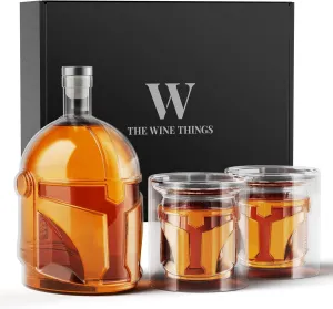 Galaxy Whiskey Decanter Set for Men, 34 Oz Decanter with Two Glasses, Handmade Glass Decanter Set with Unique Helmet Design, Gift for Men, Dad, Cool Drinking Accessories for Home Bar (A-Transparent)
