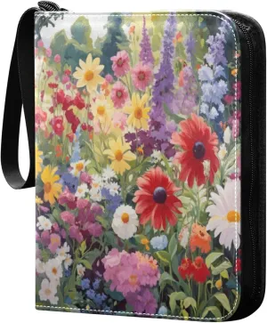 Garden Colorful Flowers Card Binder 4-Pocket, 400 Pockets PU Waterproof Zippered Collector Card Album with 50 Removable Sleeves for Trading, Game Cards