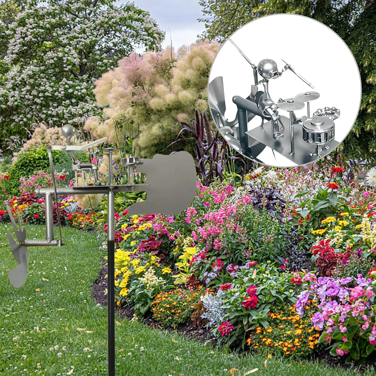 Garden Rock Band Windmill, Percussionist Music Statues and Figurines, Metal Rock Band Windmill,Wind Spinners for Yard Lawn Garden Patio Decor, Drummer Decor, Guitar Decor (Drummer Silver)