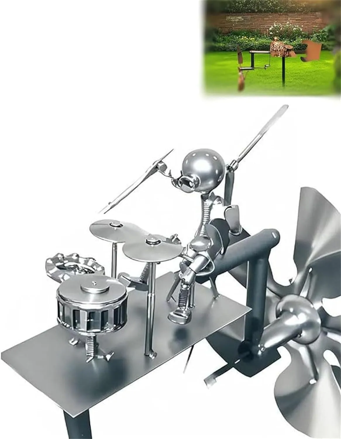 Garden Rock Band Windmill, Percussionist Music Statues and Figurines, Metal Rock Band Windmill,Wind Spinners for Yard Lawn Garden Patio Decor, Drummer Decor, Guitar Decor (Drummer Silver)