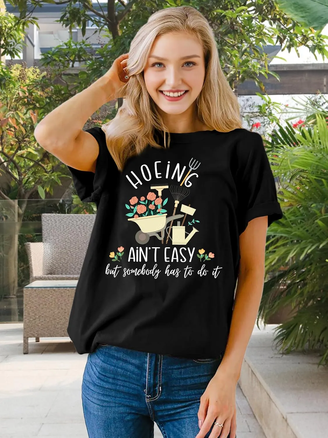 Garden Shirts for Women Plant Lover T Shirt Hoeing Ain't Easy Graphic Tee Short Sleeve Gardener Gift Blouse Tops
