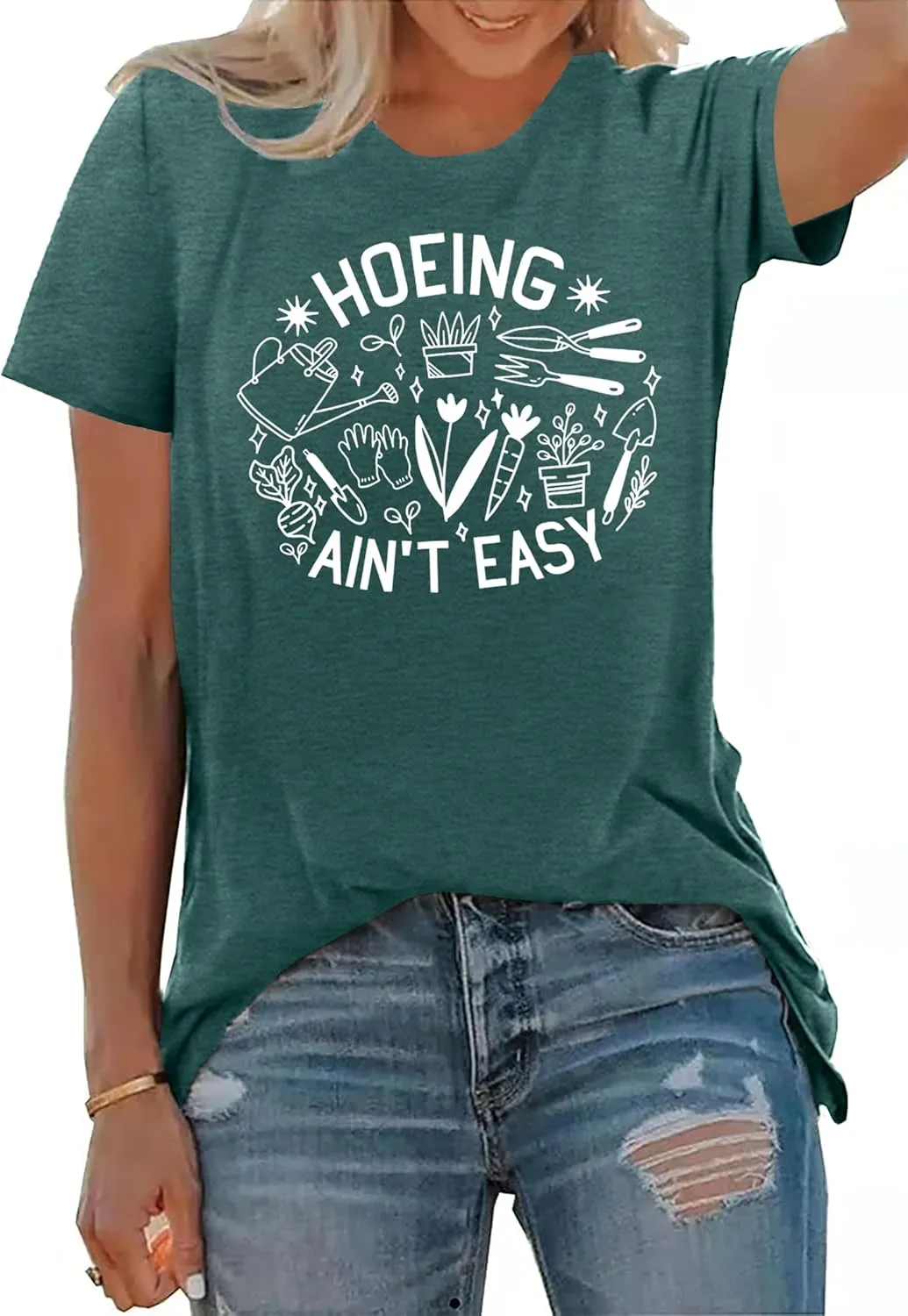Garden Shirts for Women Plant Lover T Shirt Hoeing Ain't Easy Graphic Tee Short Sleeve Gardener Gift Blouse Tops