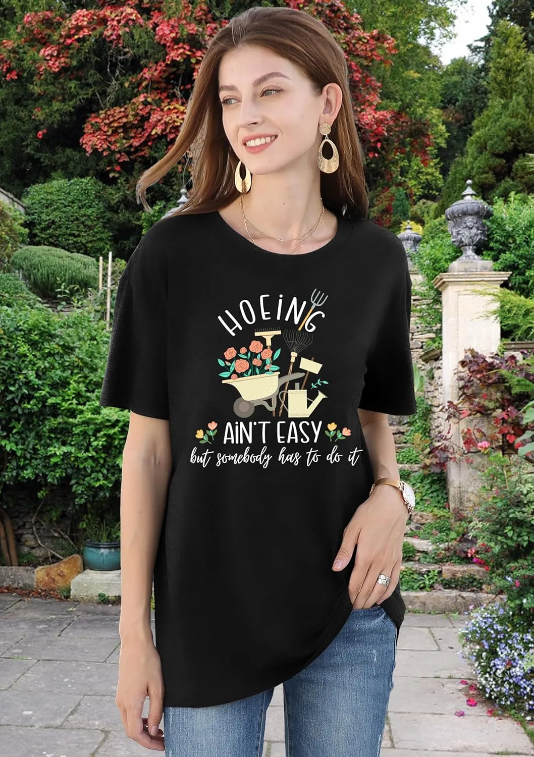 Garden Shirts for Women Plant Lover T Shirt Hoeing Ain't Easy Graphic Tee Short Sleeve Gardener Gift Blouse Tops