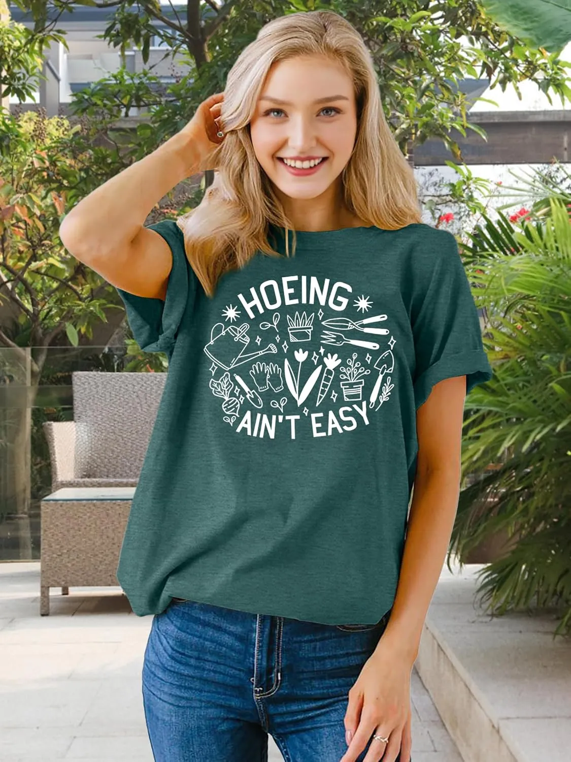 Garden Shirts for Women Plant Lover T Shirt Hoeing Ain't Easy Graphic Tee Short Sleeve Gardener Gift Blouse Tops