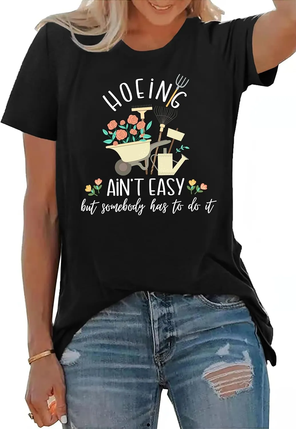 Garden Shirts for Women Plant Lover T Shirt Hoeing Ain't Easy Graphic Tee Short Sleeve Gardener Gift Blouse Tops