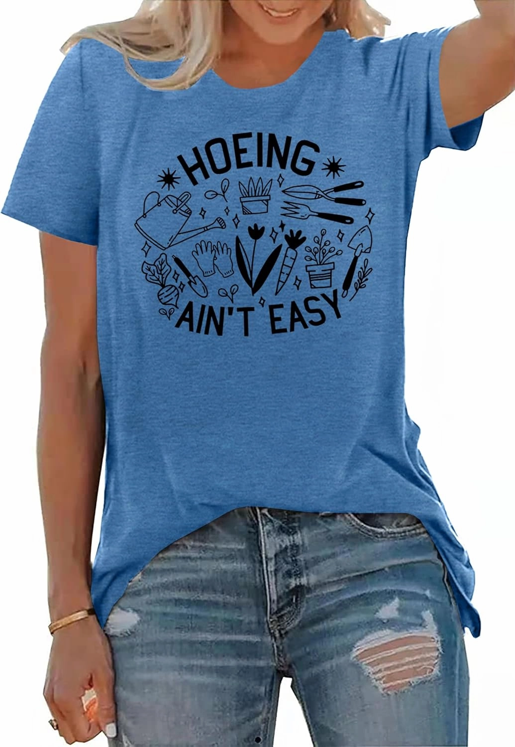 Garden Shirts for Women Plant Lover T Shirt Hoeing Ain't Easy Graphic Tee Short Sleeve Gardener Gift Blouse Tops