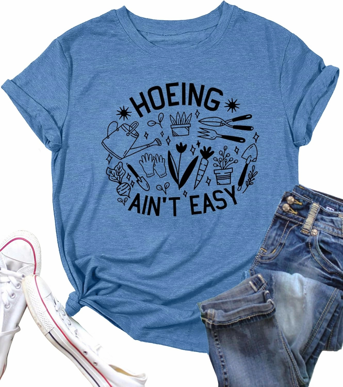 Garden Shirts for Women Plant Lover T Shirt Hoeing Ain't Easy Graphic Tee Short Sleeve Gardener Gift Blouse Tops
