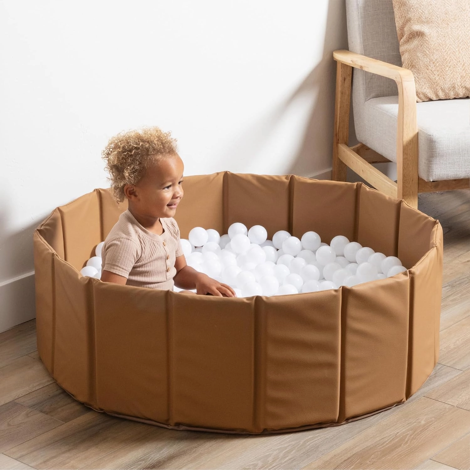 Gathre Ball Pit for Toddlers, Kids, & Babies, Portable Playpen, Foldable, Easy Set Up, Wipeable Water-Resistant Leather - Balls NOT Included Camel