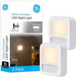 GE LED Motion Sensor Night Light, Plug-In, Dusk-to-Dawn Sensor, 20 Lumens, Soft White, Ideal for Bedroom, Bathroom, Kitchen, or Hallway – 46439 (2 Pack)