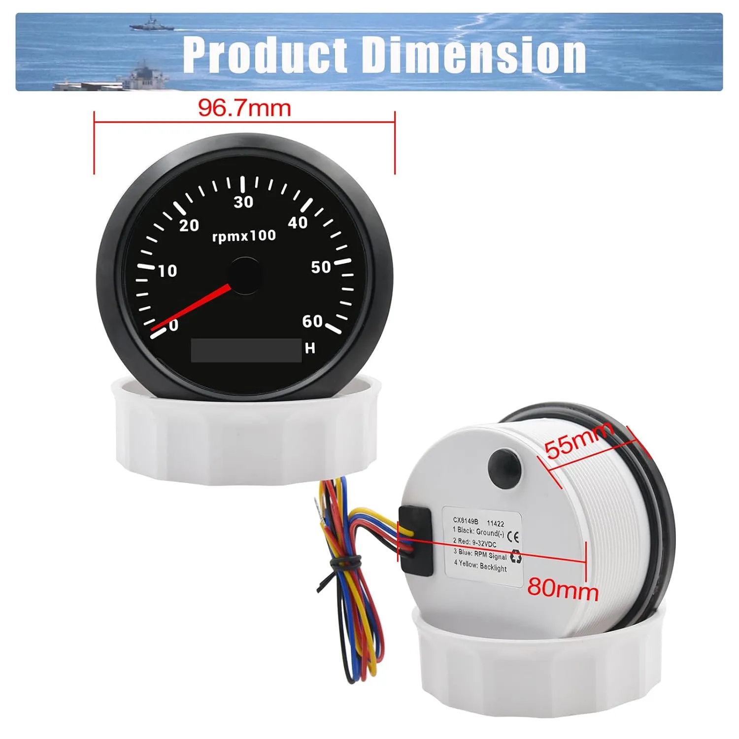 Geloo 85MM Boat RPM Tachometer Gauge 6000RPM Marine Tachometers 0-6000 RPM Tacometro Meter Replacement Tachometer for Auto Truck Car Tachometer Gauge 7 Colors Backlight LED Display 9-32V 3-3/8"（Black）