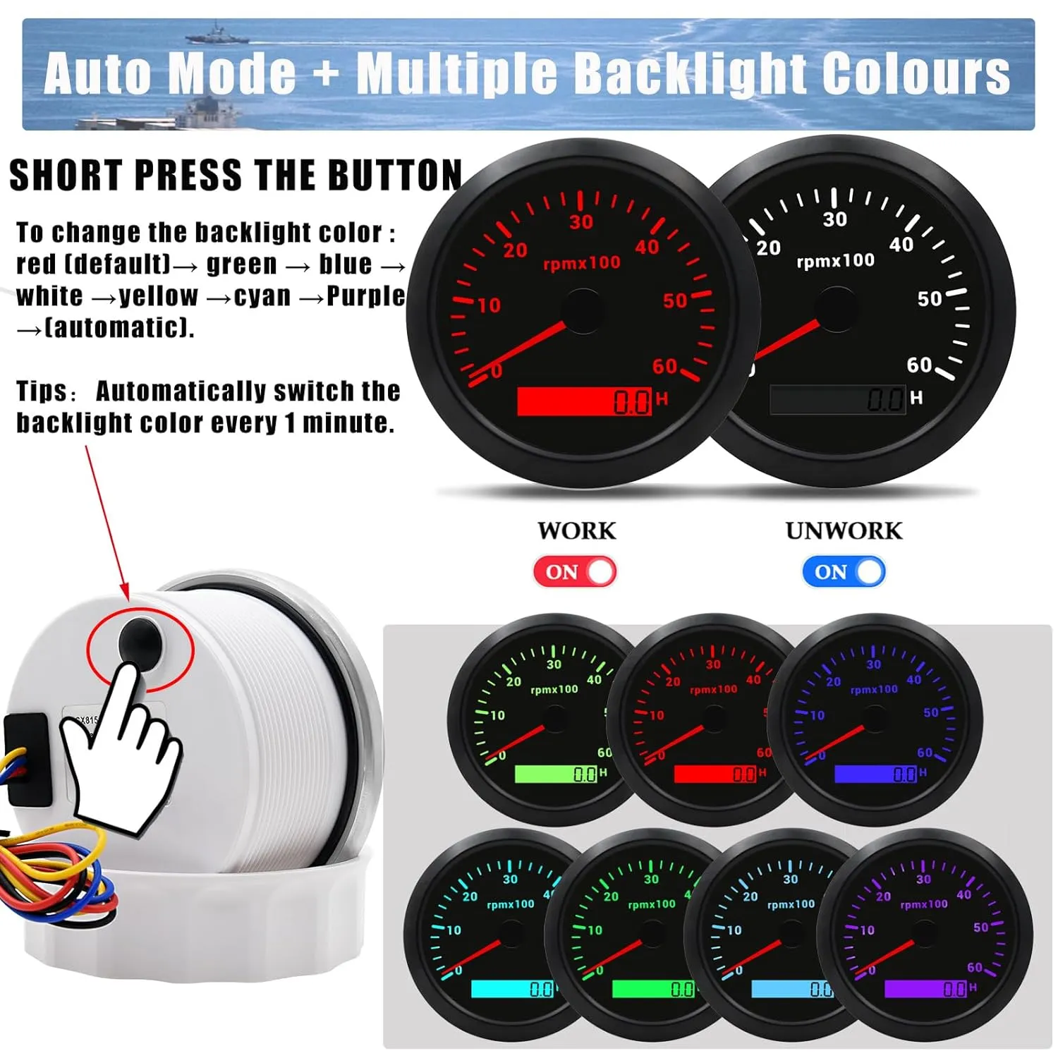 Geloo 85MM Boat RPM Tachometer Gauge 6000RPM Marine Tachometers 0-6000 RPM Tacometro Meter Replacement Tachometer for Auto Truck Car Tachometer Gauge 7 Colors Backlight LED Display 9-32V 3-3/8"（Black）