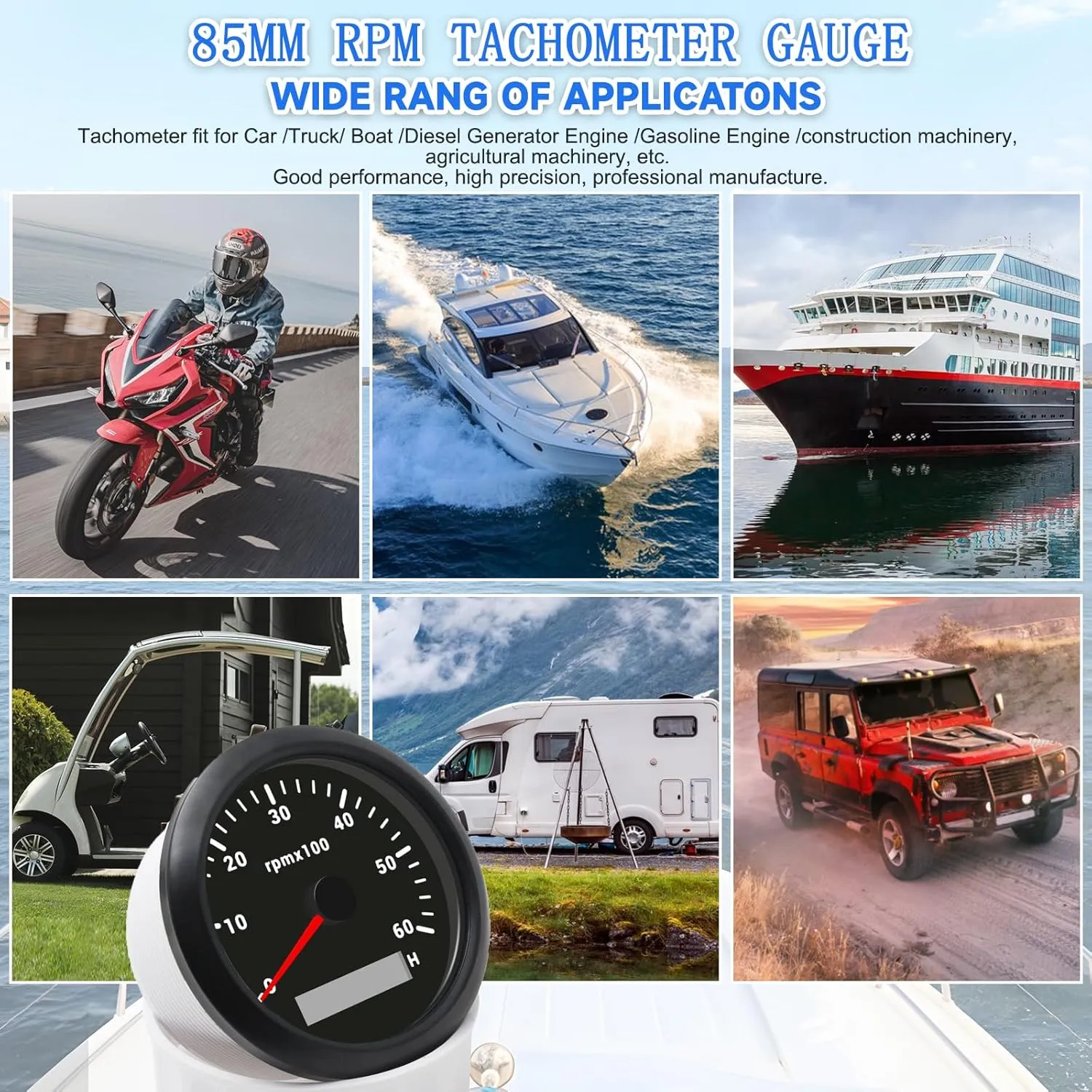 Geloo 85MM Boat RPM Tachometer Gauge 6000RPM Marine Tachometers 0-6000 RPM Tacometro Meter Replacement Tachometer for Auto Truck Car Tachometer Gauge 7 Colors Backlight LED Display 9-32V 3-3/8"（Black）
