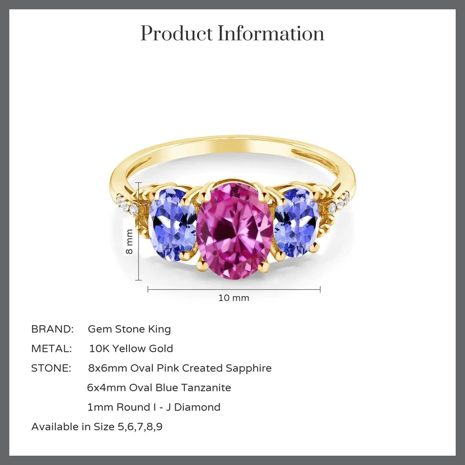 Gem Stone King 10K Yellow Gold 8X6MM Pink Created Sapphire 6X4MM Blue Tanzanite and Diamond Accent 3-Stone Engagement Ring | 2.59 Cttw | 3 Stone Wedding Anniversary Ring For Women