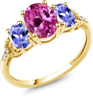 Gem Stone King 10K Yellow Gold 8X6MM Pink Created Sapphire 6X4MM Blue Tanzanite and Diamond Accent 3-Stone Engagement Ring | 2.59 Cttw | 3 Stone Wedding Anniversary Ring For Women