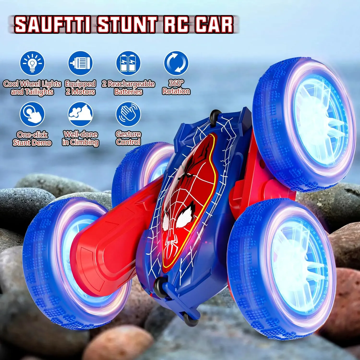 Gesture RC Cars, Hand Controlled Stunt Car for 6-12 yr Boys Girls, Gesture Sensor Remote Control Cars, 4WD Double Sided Off Road RC Trucks with Light Music for Kids Birthday Xmas Gifts (Blue)