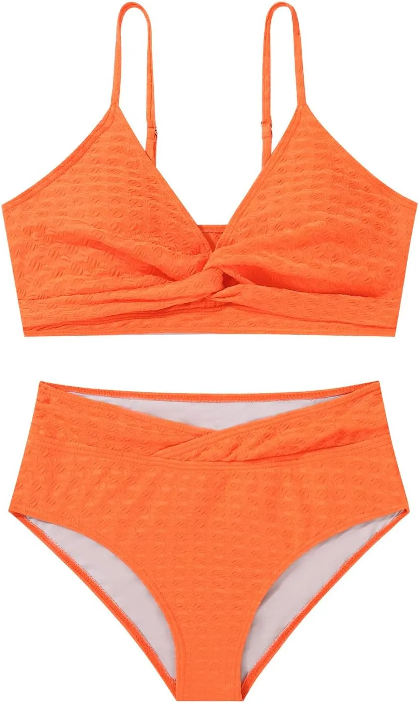 Girls Swimsuit Solid Bathing Suit 2 Piece Twist Cross Adjustable Straps Bikinis for Teen Girls with Chest Pad
