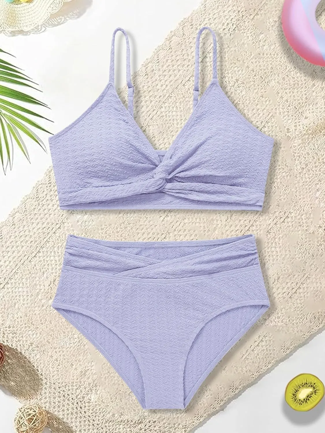 Girls Swimsuit Solid Bathing Suit 2 Piece Twist Cross Adjustable Straps Bikinis for Teen Girls with Chest Pad