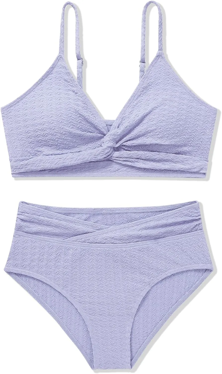 Girls Swimsuit Solid Bathing Suit 2 Piece Twist Cross Adjustable Straps Bikinis for Teen Girls with Chest Pad