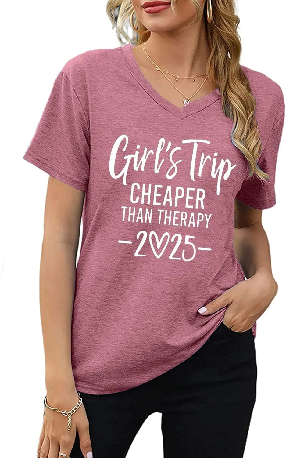 Girls Trip Cheaper Than Therapy Tshirt Women Funny Letter Print Short Sleeve V Neck T Shirt Summer Vacation Tees