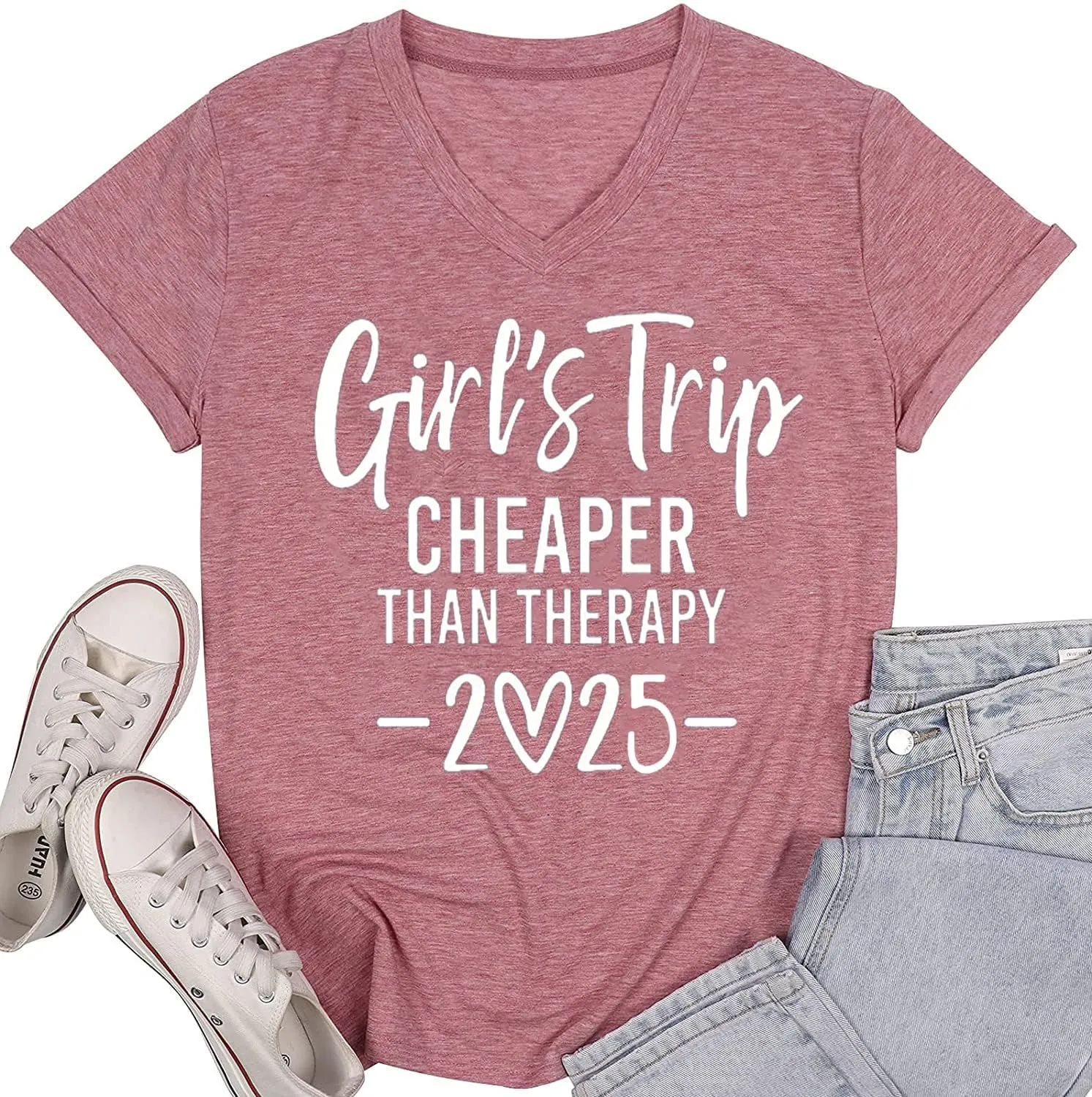 Girls Trip Cheaper Than Therapy Tshirt Women Funny Letter Print Short Sleeve V Neck T Shirt Summer Vacation Tees