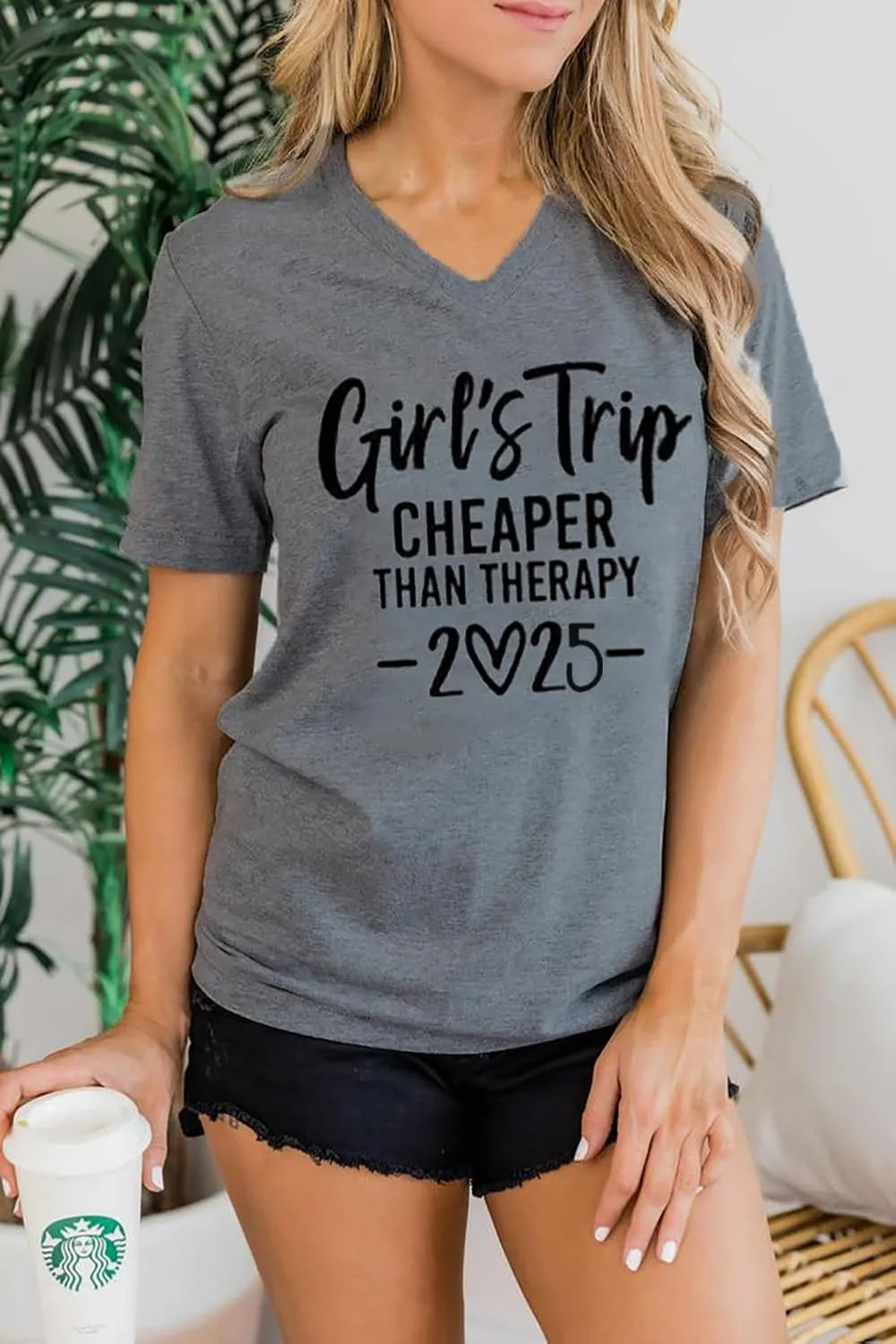 Girls Trip Cheaper Than Therapy Tshirt Women Funny Letter Print Short Sleeve V Neck T Shirt Summer Vacation Tees