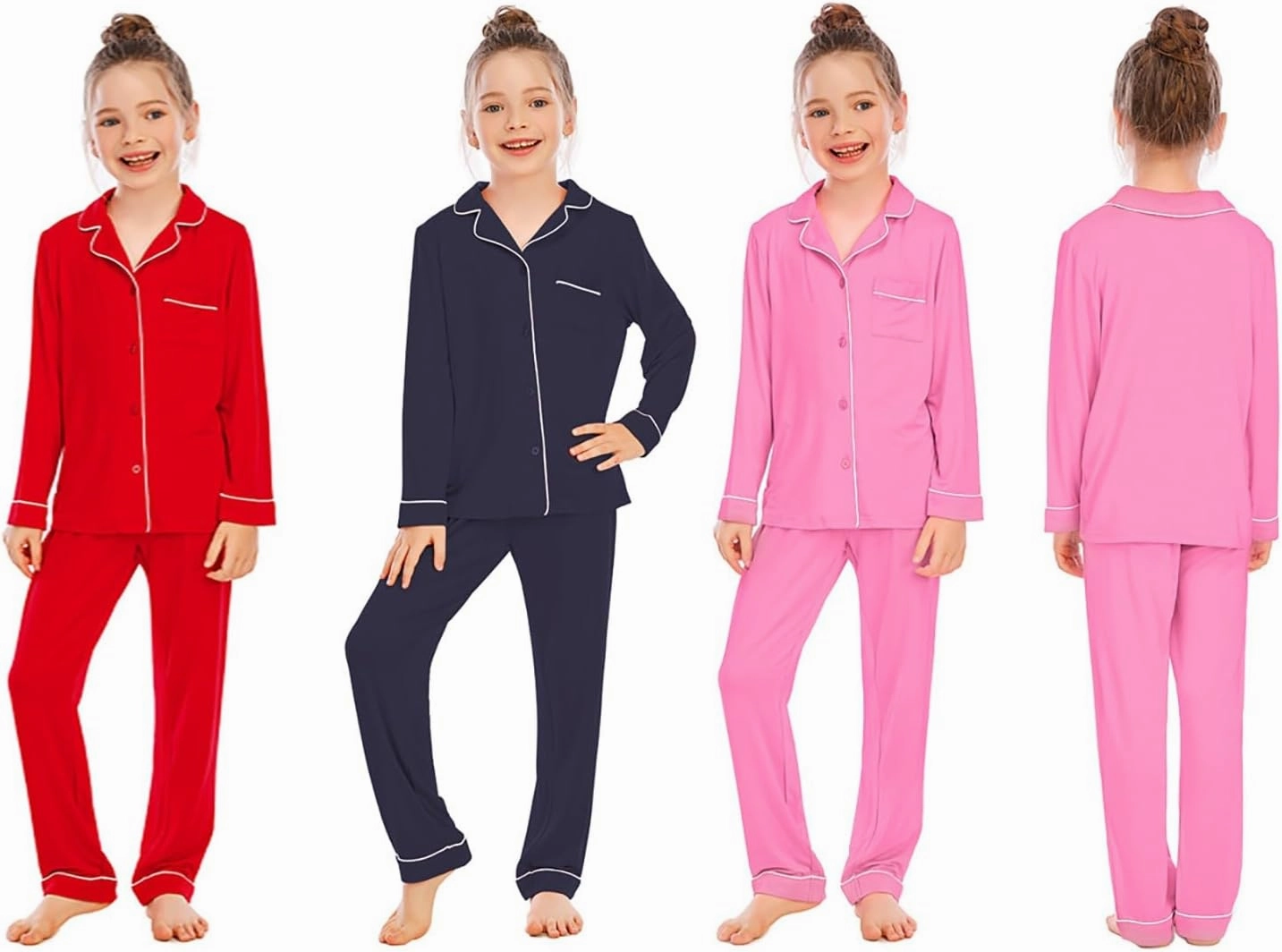 Girls Boys' Two Piece 𝐒leepwear Top and Bottom 𝐏ajama Set Soft Solid Long Sleeve Cotton 𝐏ajamas Button Down 𝗟oungewear