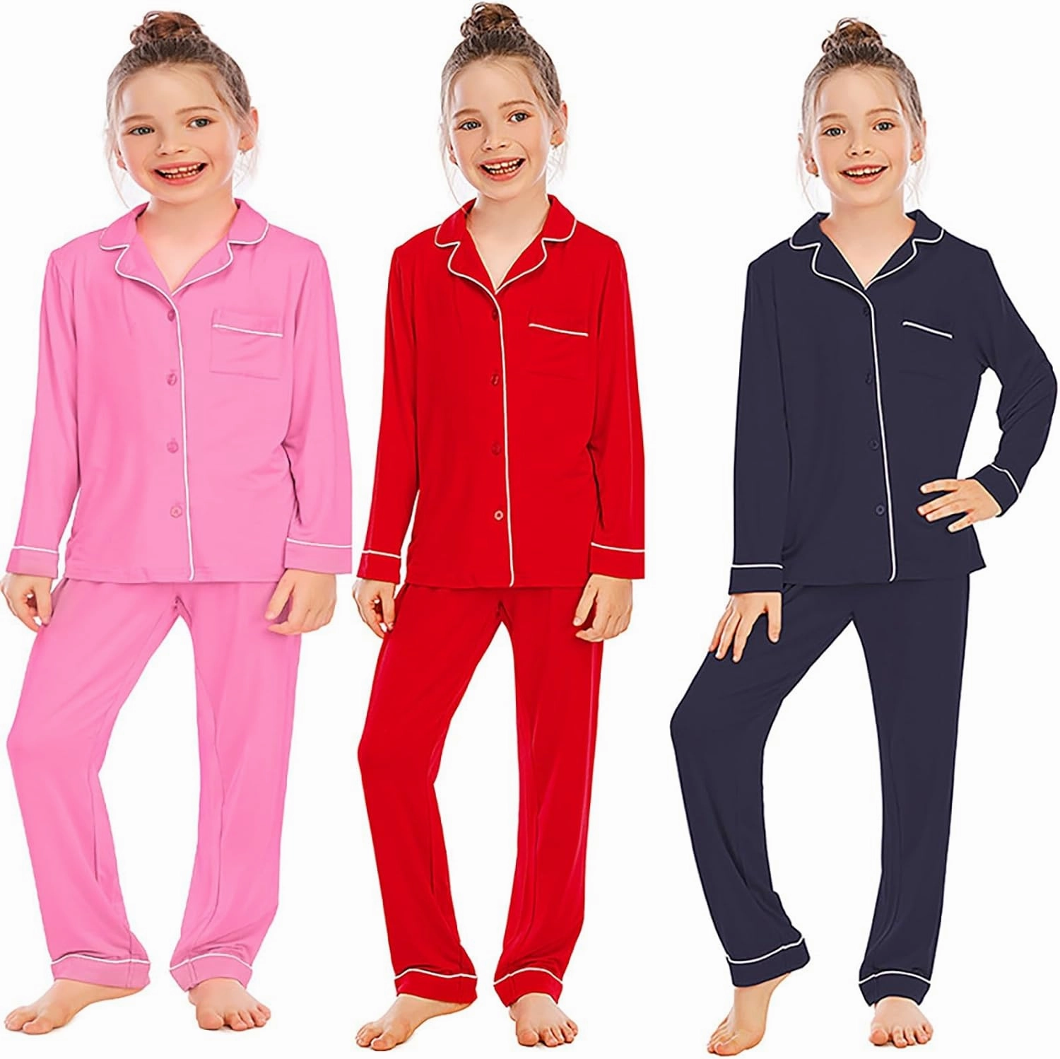 Girls Boys' Two Piece 𝐒leepwear Top and Bottom 𝐏ajama Set Soft Solid Long Sleeve Cotton 𝐏ajamas Button Down 𝗟oungewear