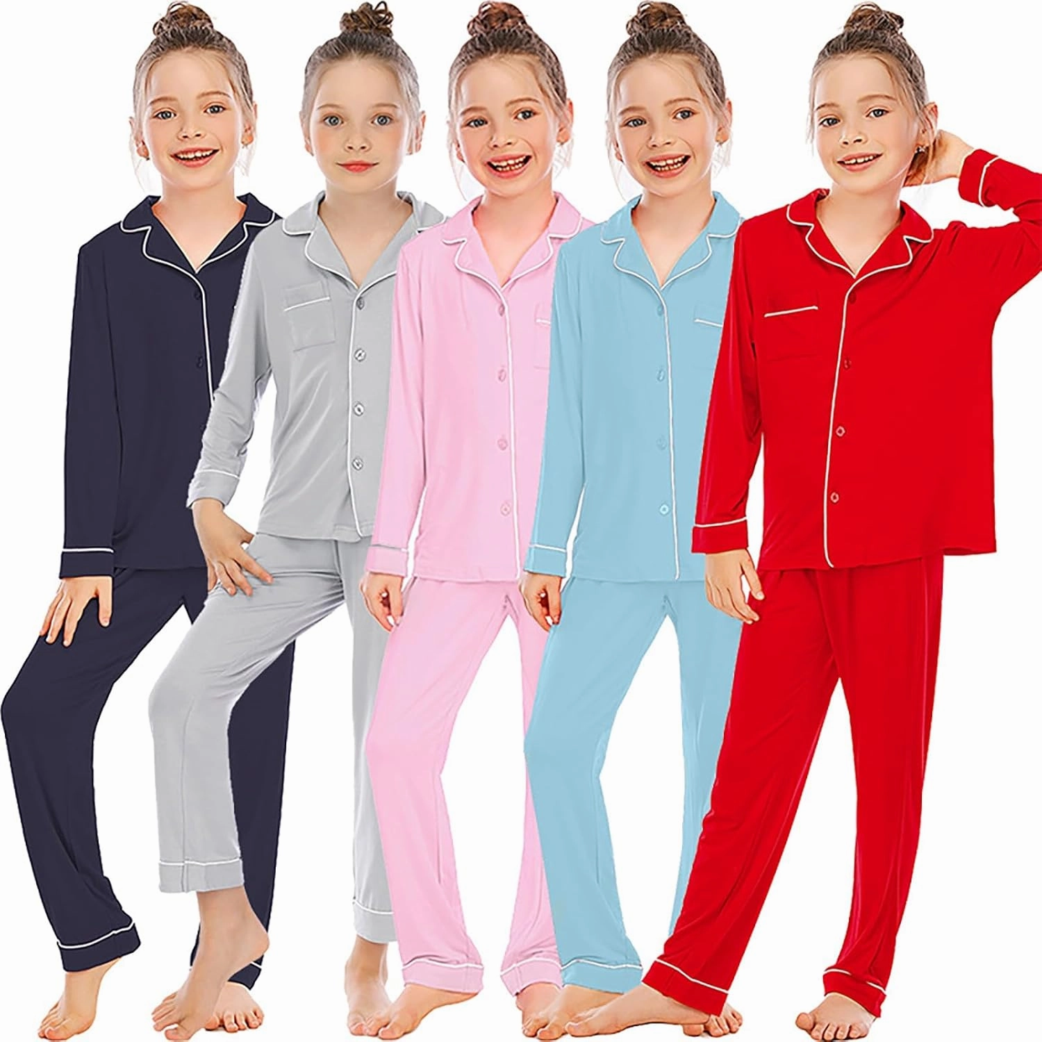 Girls Boys' Two Piece 𝐒leepwear Top and Bottom 𝐏ajama Set Soft Solid Long Sleeve Cotton 𝐏ajamas Button Down 𝗟oungewear