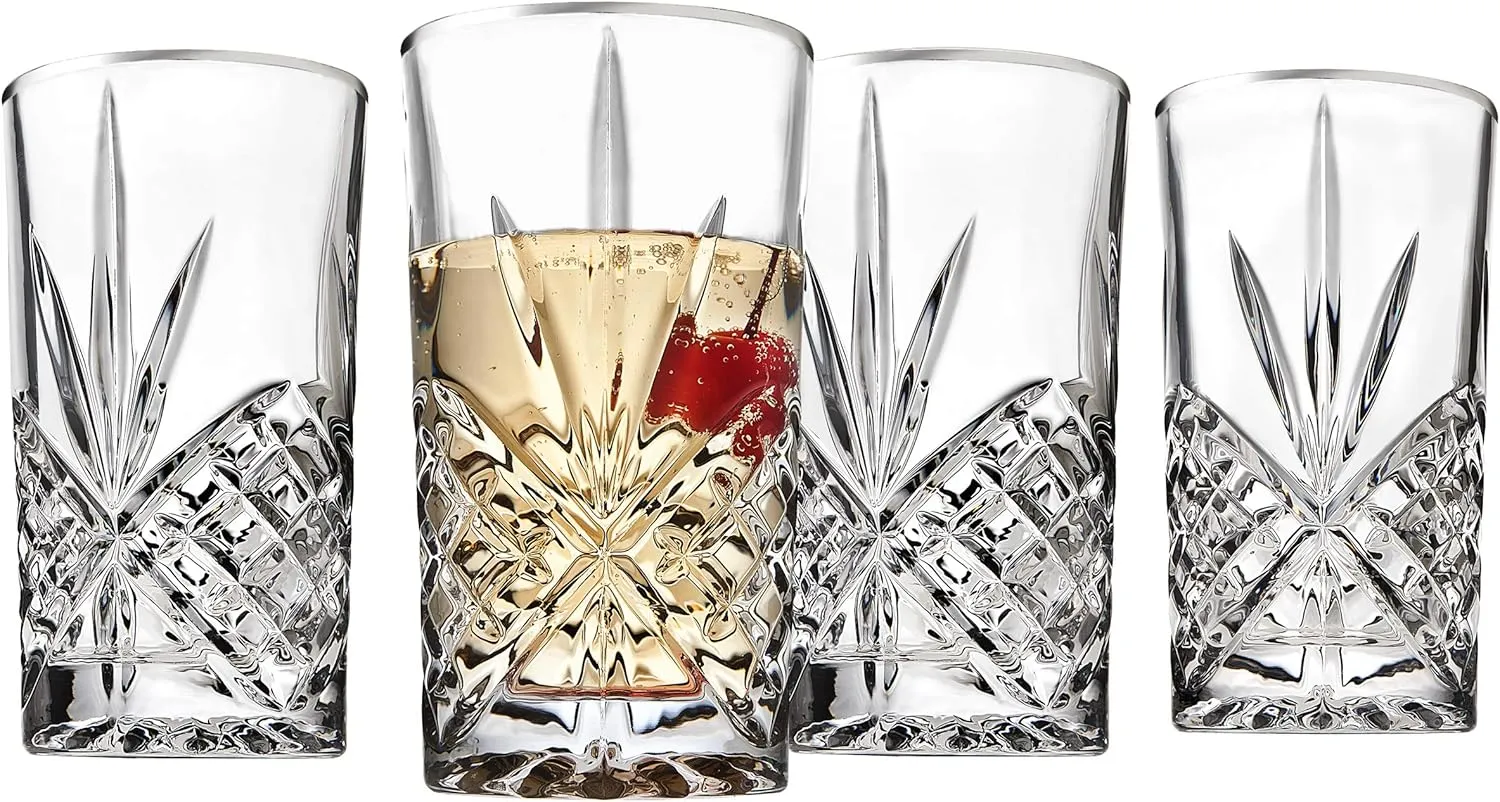 Godinger Highball Glasses, Drinking Glasses, Tall Beverage Glass, Glass Cups - Platinum Rim, Dublin, Set of 4